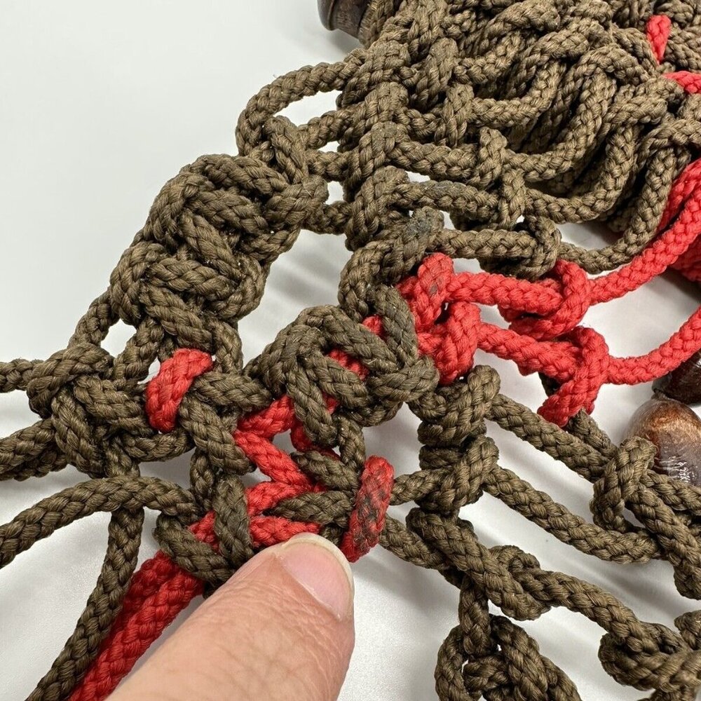 Macrame Wall Hanging Boho Wood Rod Green Red Brown Beads Striped Rope Art Nylon - Picture 5 of 7